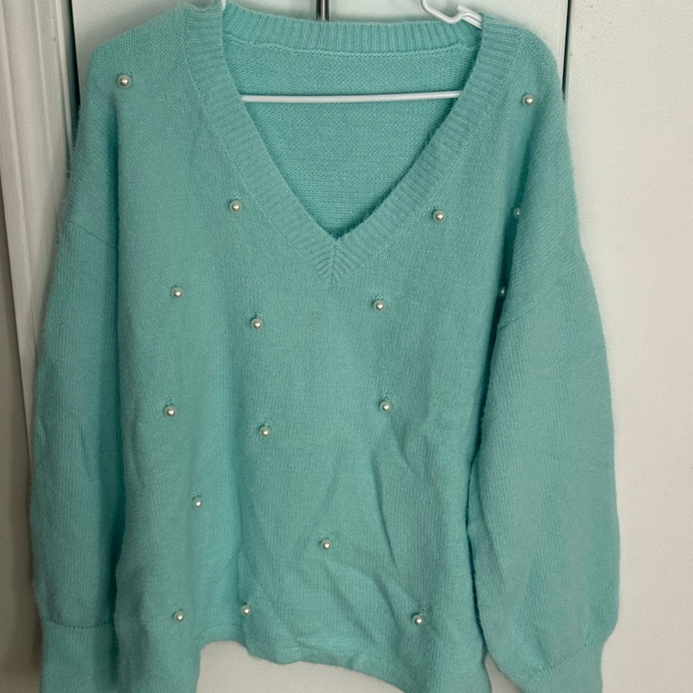 Women's Aqua Sweater with Pearl Accents